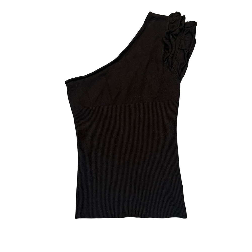 Forever 21 One Shoulder Top Womens Ruffle Ribbed Knit Small Black Asymmetrical